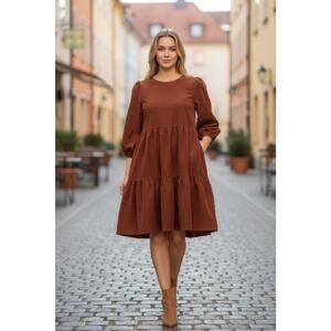 WOMENS CORDUROY TIERED DRESS BROWN XL (16-18) PRAIRIE COTTAGECORE BOHO PLUS